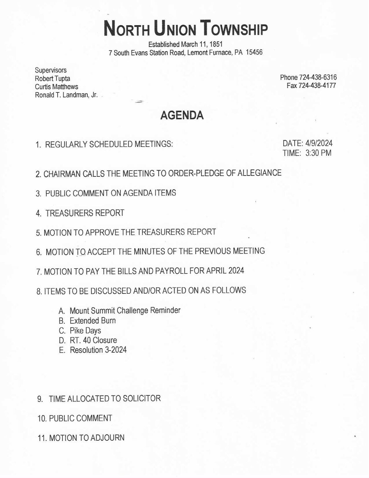 April 2024 Meeting Agenda North Union Township