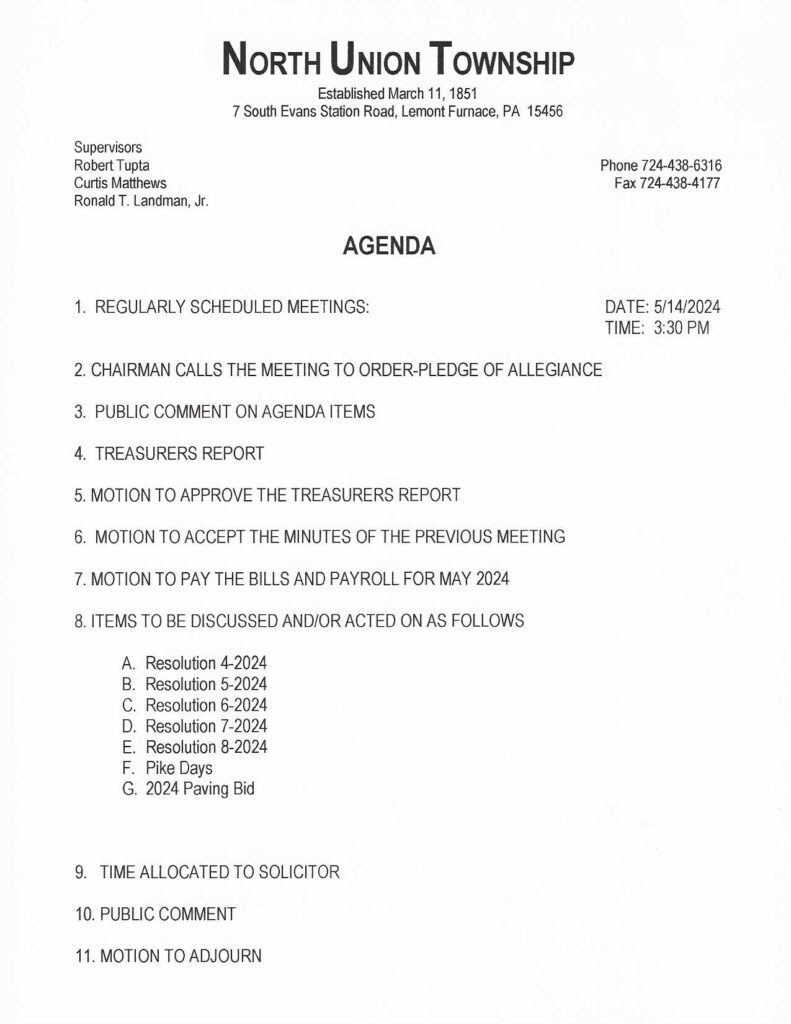 May 2024 Agenda North Union Township